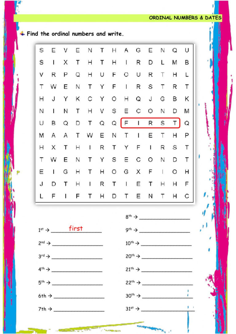 Ordinal Numbers Dates Worksheet