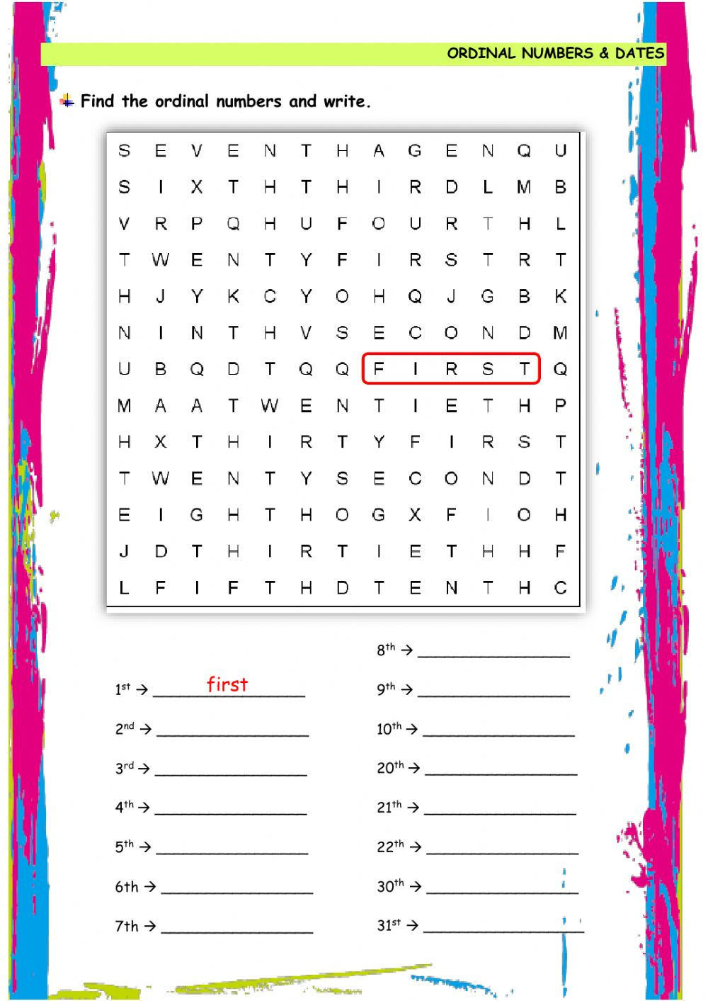 Ordinal Numbers Dates Worksheet