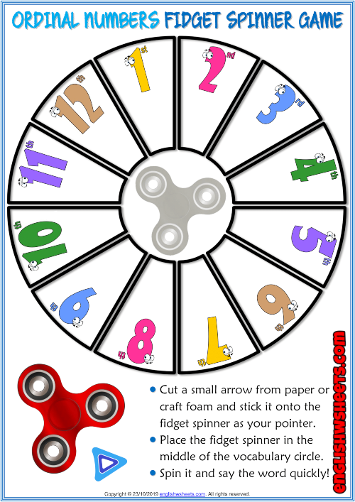 Ordinal Numbers ESL Printable Fidget Spinner Game Ordinal Numbers ESL Printable Fidget Spinner Game