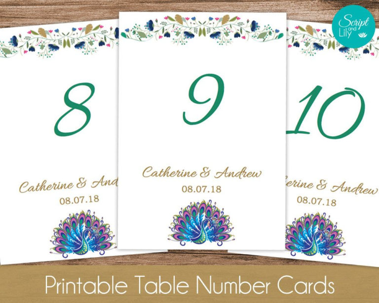 Peacock Table Number Cards INSTANT DOWNLOAD Flowers