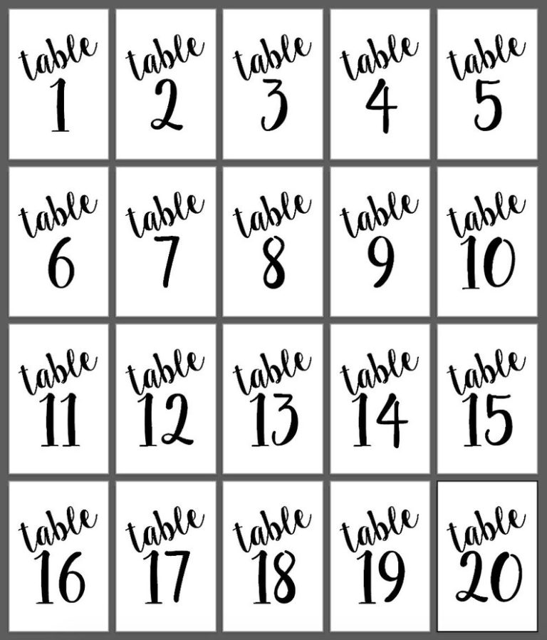 Printable Wedding Table Numbers Table Numbers 1 20 Size