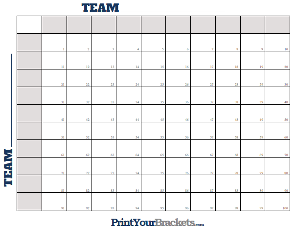 Super Bowl Squares Numbered 1 Through 100