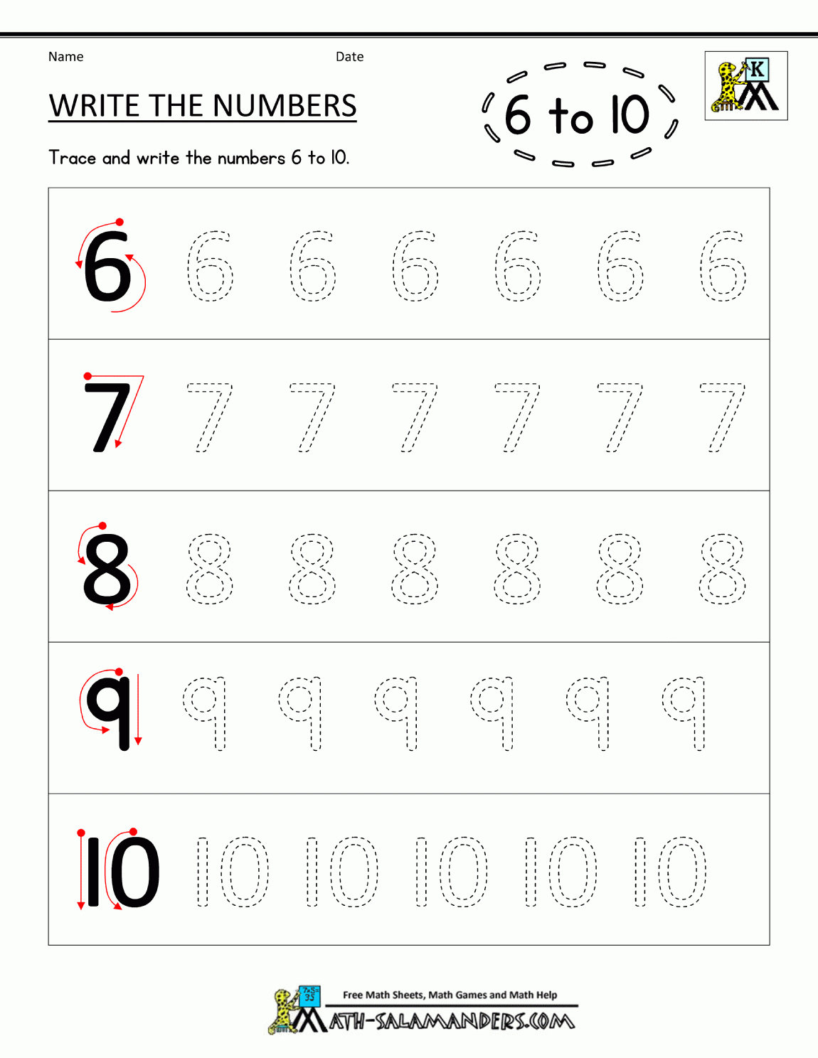 Tracing Numbers 6 10 Worksheets