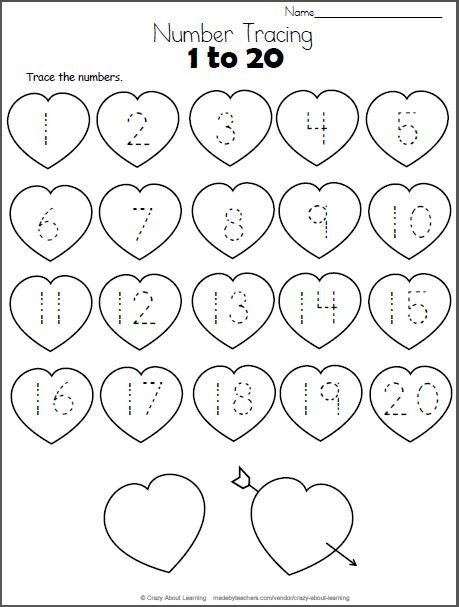 Valentine Hearts Math Worksheet Trace Numbers To 20 