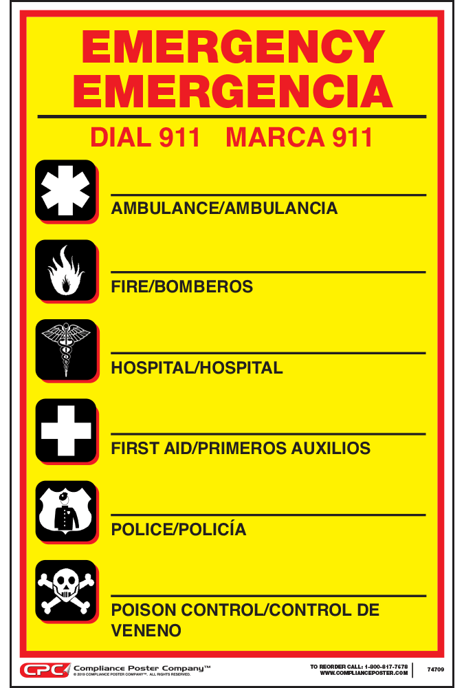 Federal Bilingual Emergency Number Poster Free Shipping 