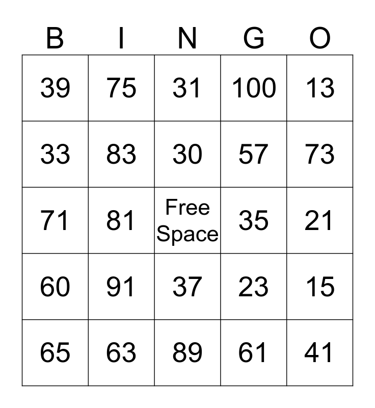 Numbers 1 100 Bingo Card Numbers 1 100 Bingo Card