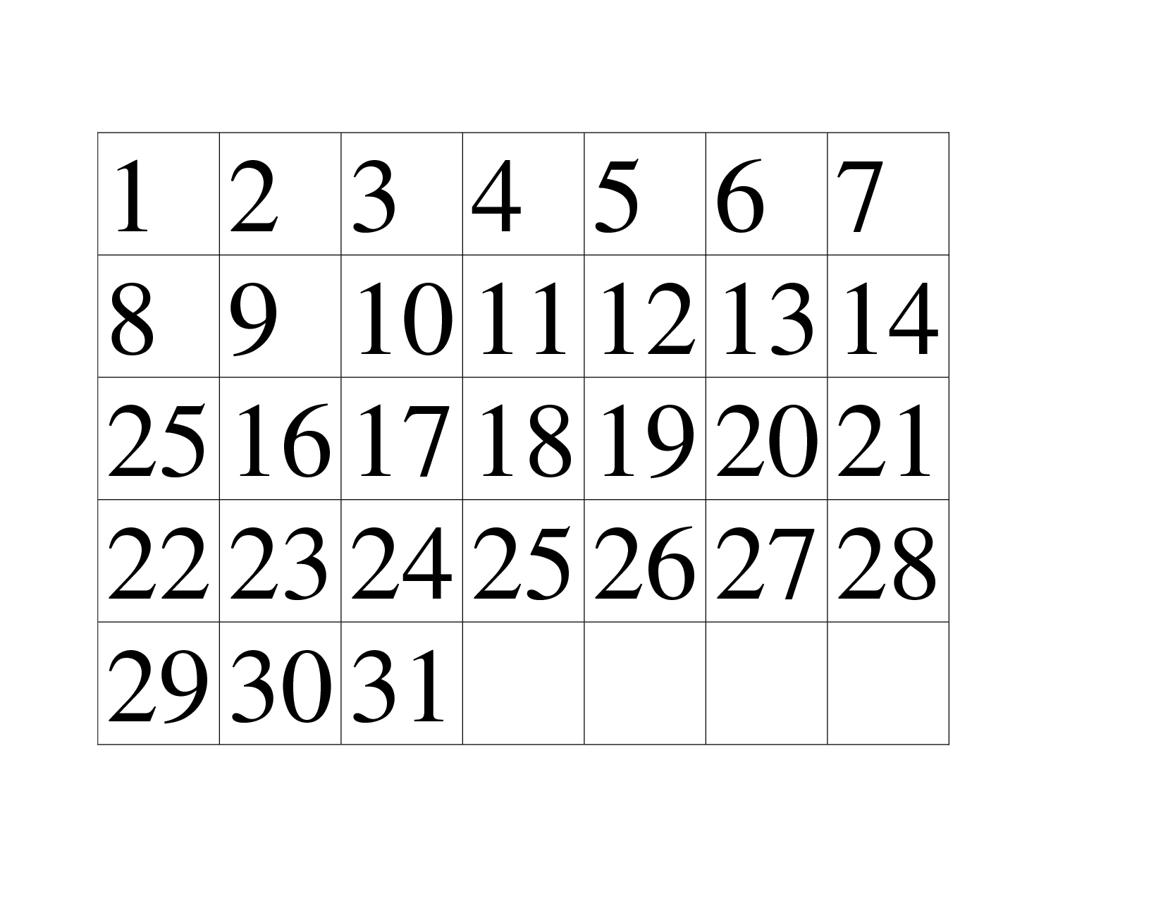 Numbers 1 31 To Print Free Calendar Template