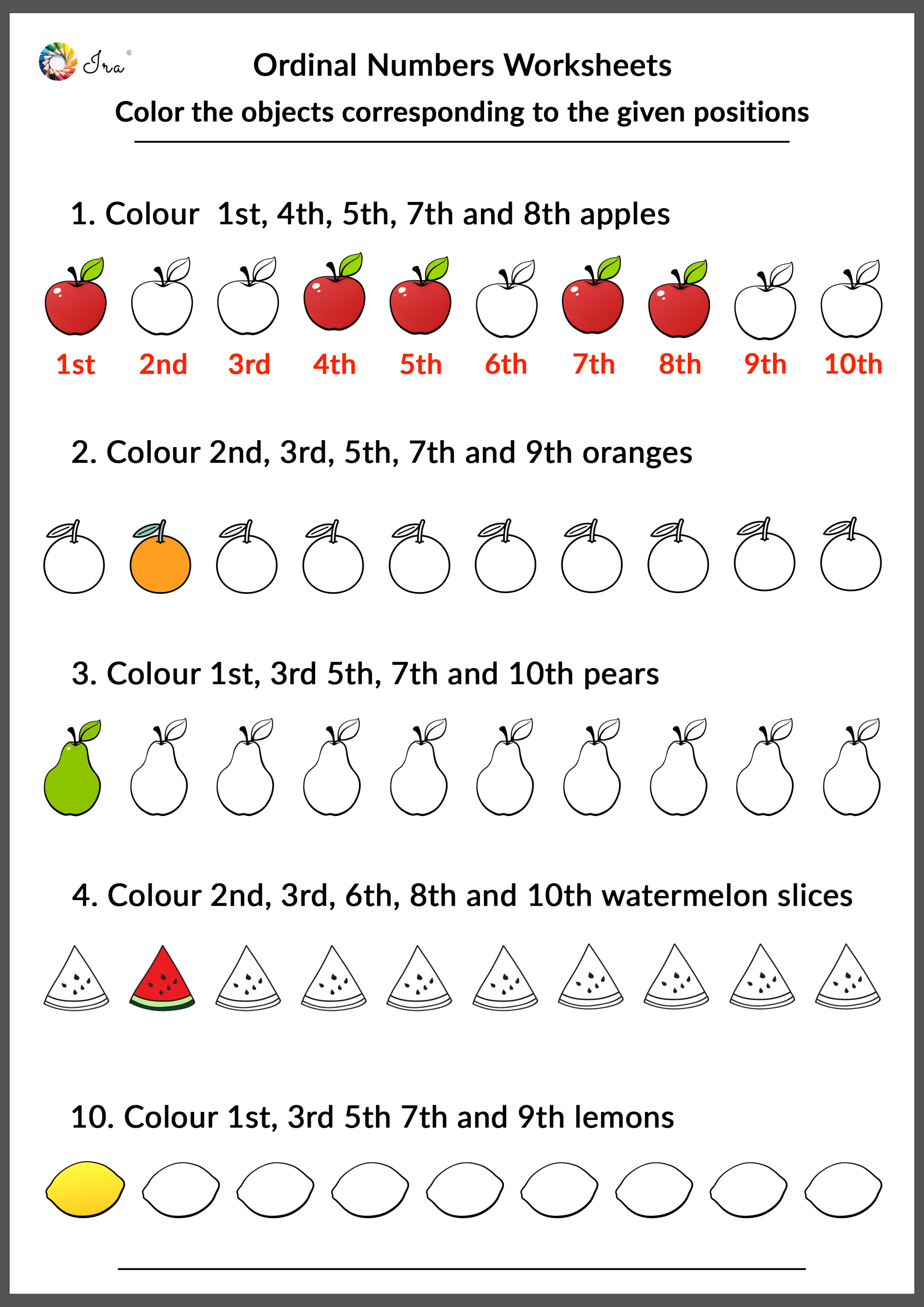 Ordinal Number Worksheet Color The Objects Corresponding 