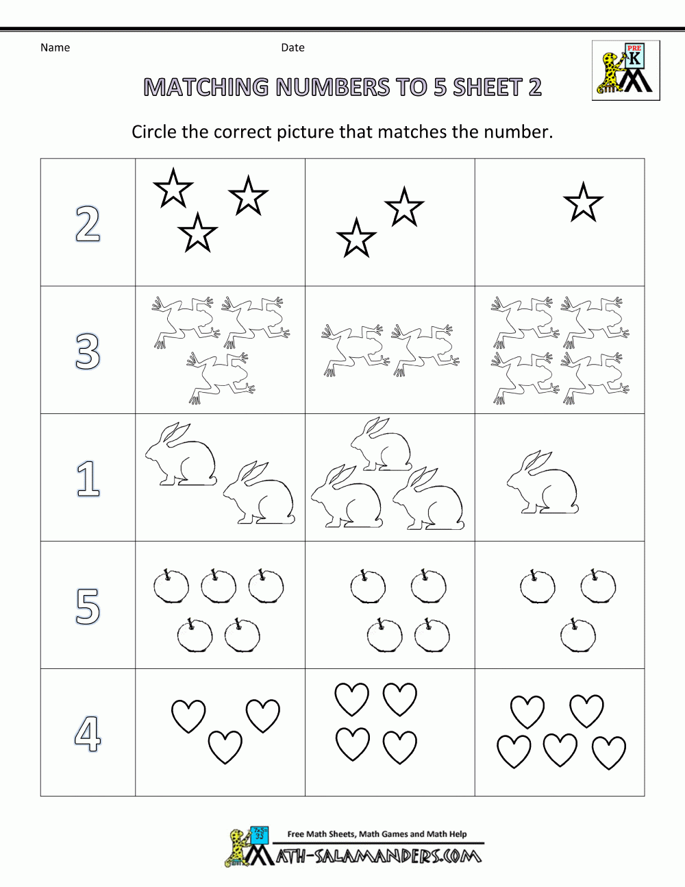 Preschool Math Worksheets Matching To 5