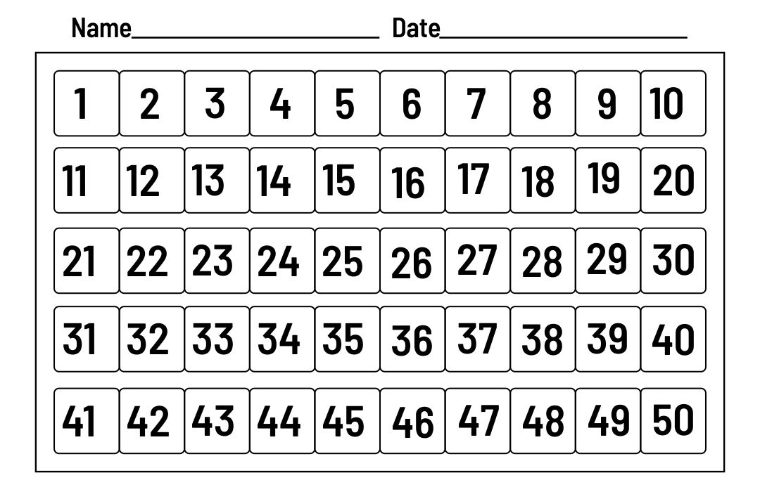 Printable Number Chart 1 50 Printable Numbers Number 