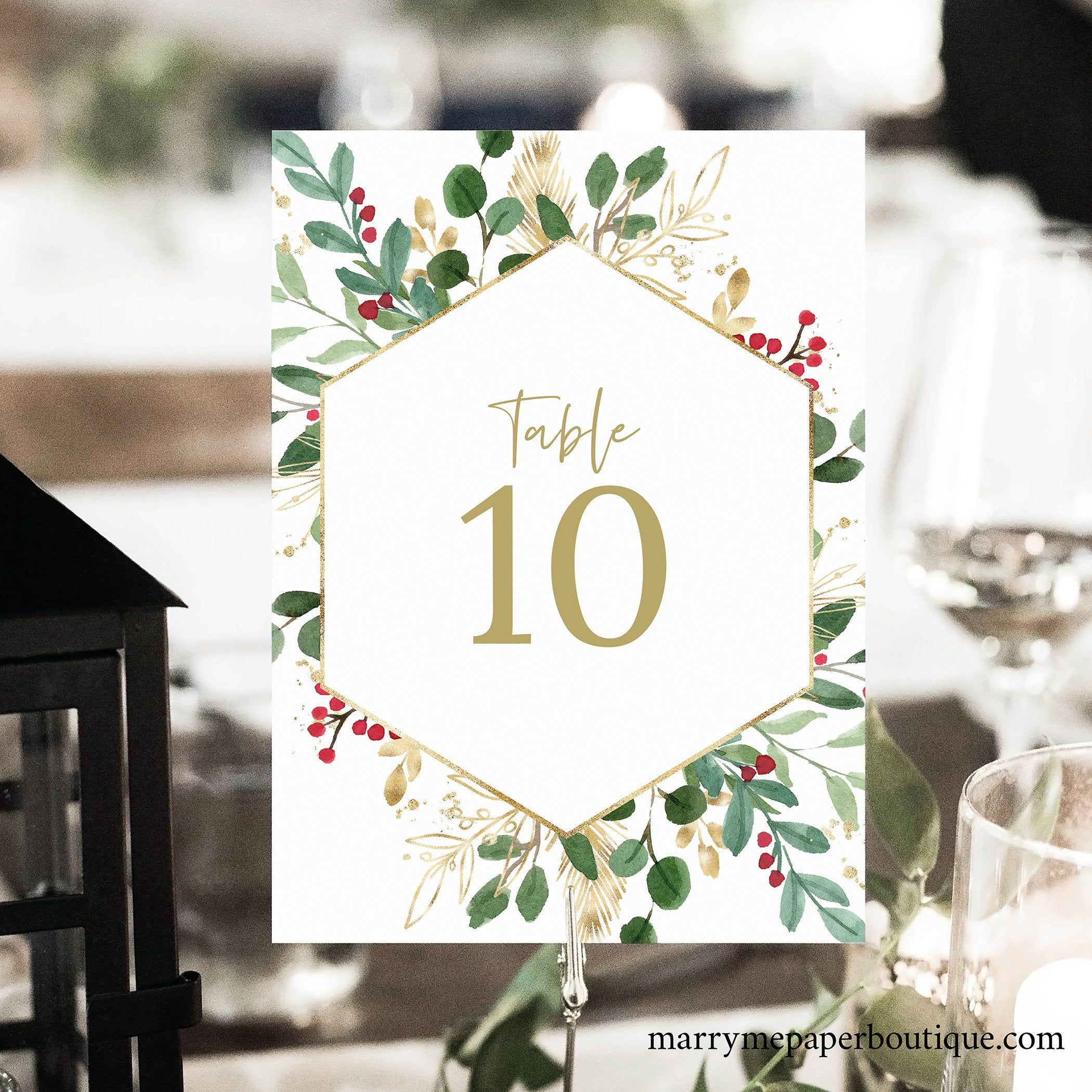 Winter Berry Table Number Sign Template Christmas Wedding 